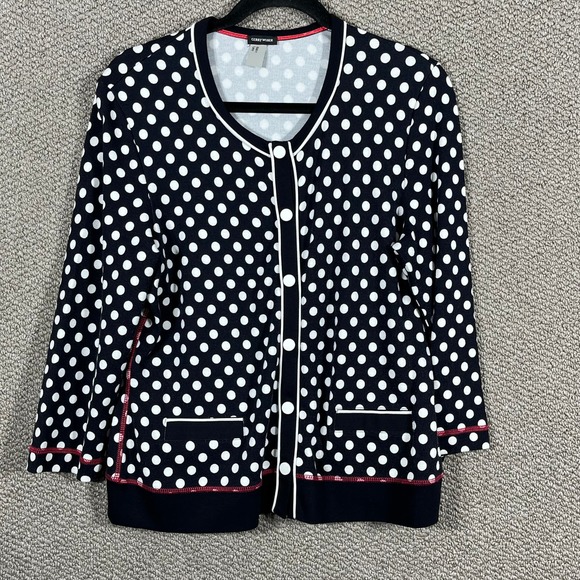 Gerry Weber Cardigan Sweater Womens Size 10 Blue Polka‎ Dots Snap Front Pockets - Picture 1 of 11